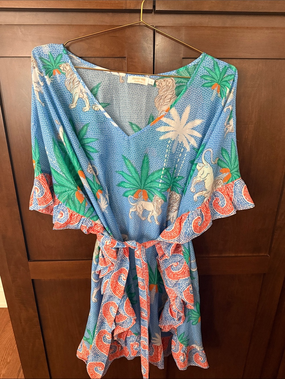 Johnny Was Blue Tropical Lion-Print V-Neck swim coverup with Coral Trim - Picture 5 of 5